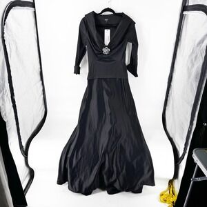 Tadashi Collection Black Portrait Neck Crystal Brooch Gown Formal‎ Dress Size 4